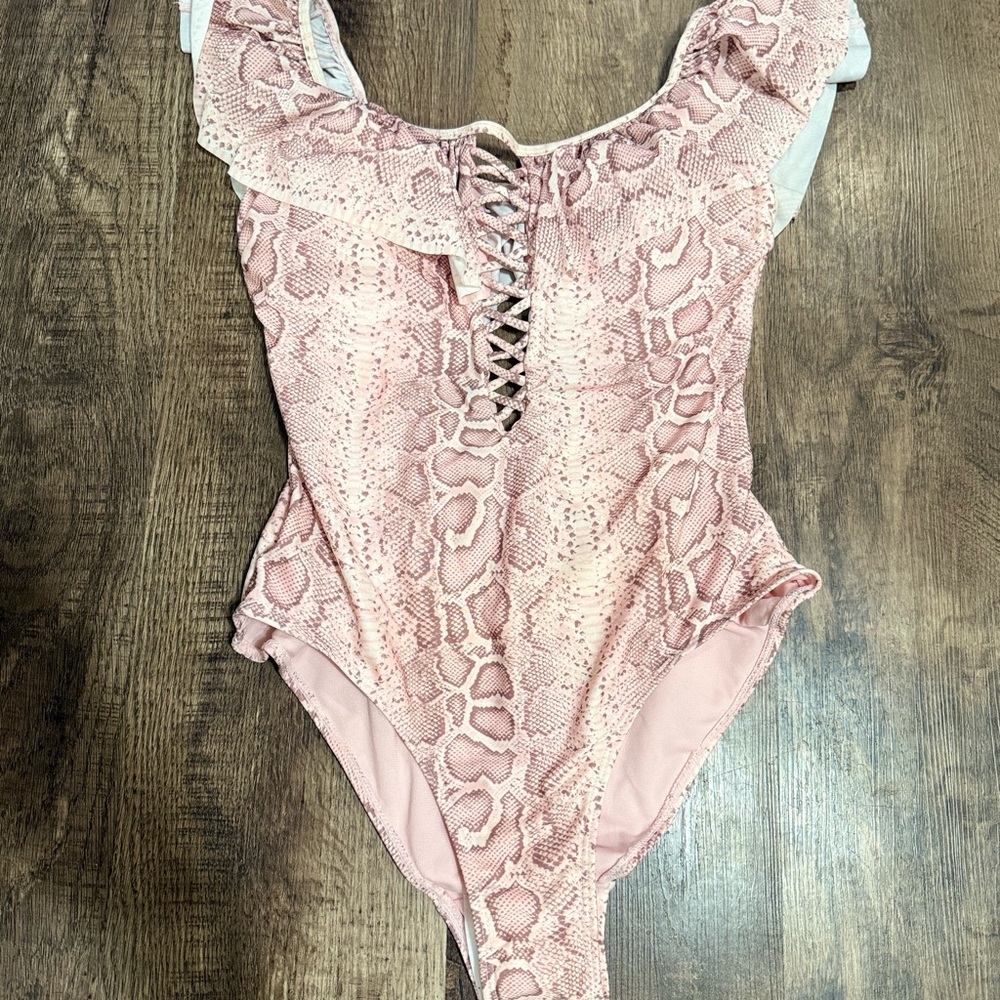 Pink Lace One Piece Swimsuit with Plunging Neckline